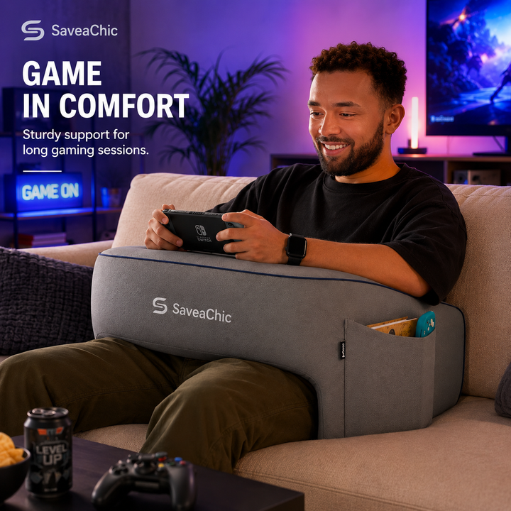 Gaming & Reading Pillow Desk – Ergonomic Bed Pillow with Tablet Holder, Cup Holder & Arm Support
