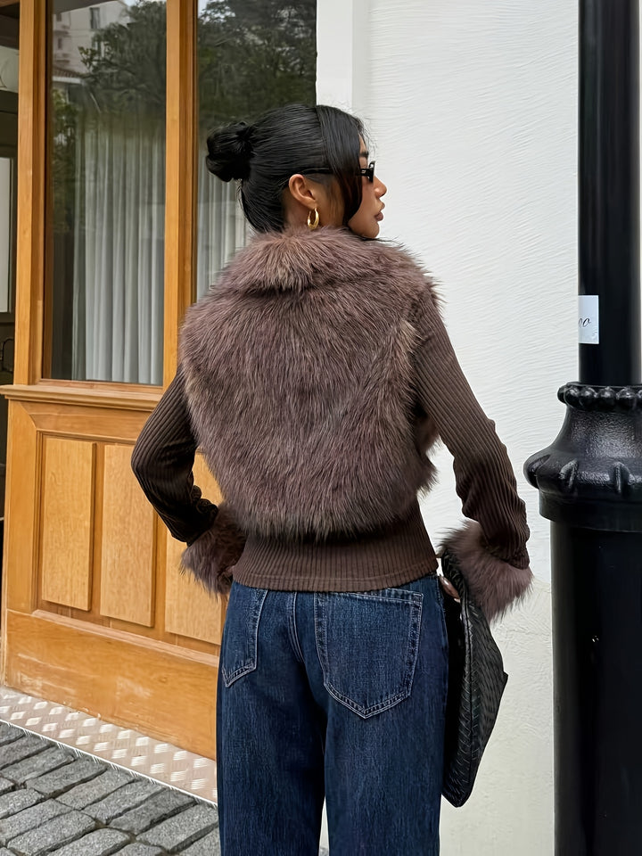 Elegant Contrast Collar Zip-Up Coat – Chic Autumn/Winter Jacket